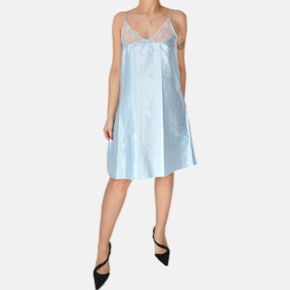 PASTEL BLUE SLIP DRESS W/ LACE TRIM - Picture 9 of 10
